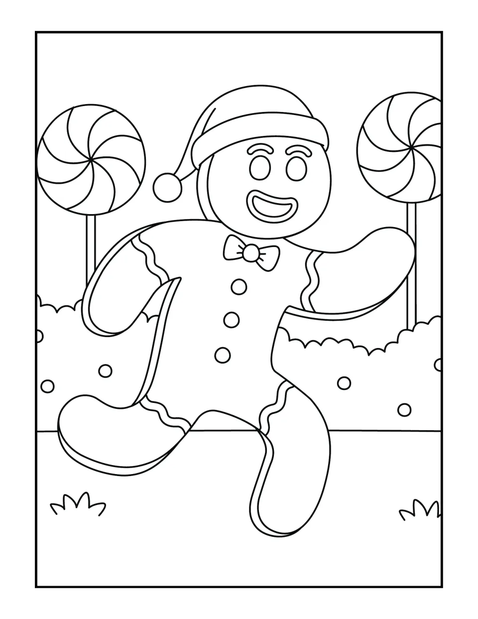 Gingerbread man coloring scene: students color a running cookie in a Santa hat and bow tie between two lollipops