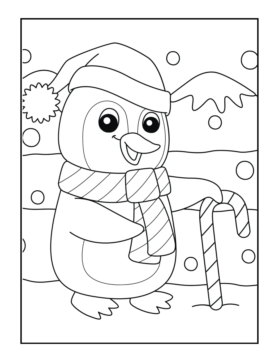 Penguin coloring scene: students color a penguin in a Santa hat and striped scarf leaning on a candy cane in the snow
