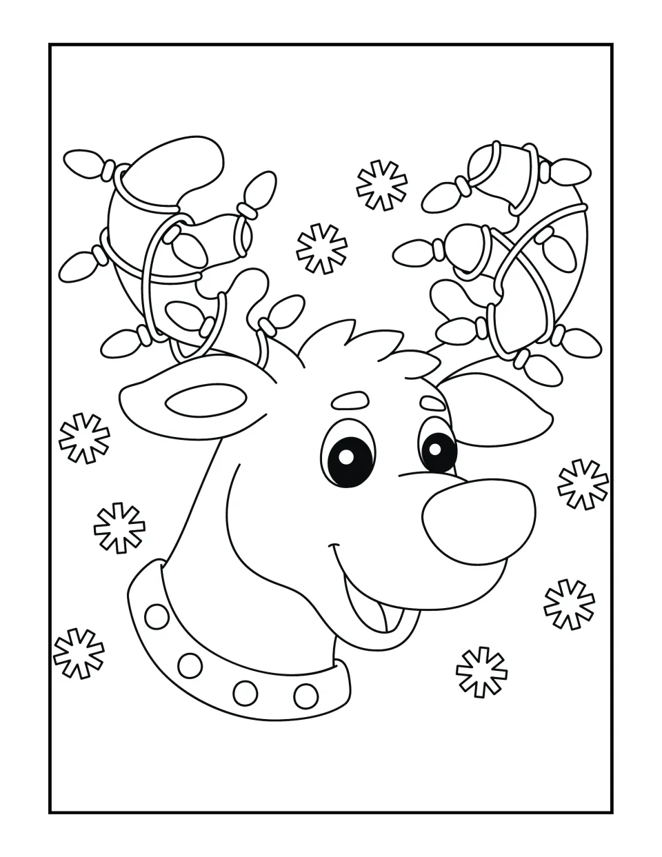 Reindeer coloring scene: students color a reindeer head with string lights tangled in its antlers and snowflakes