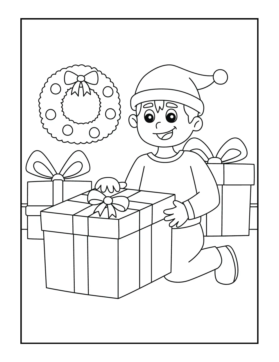 Gift-giving coloring scene: students color a boy in a Santa hat kneeling by a wrapped present, with a wreath above