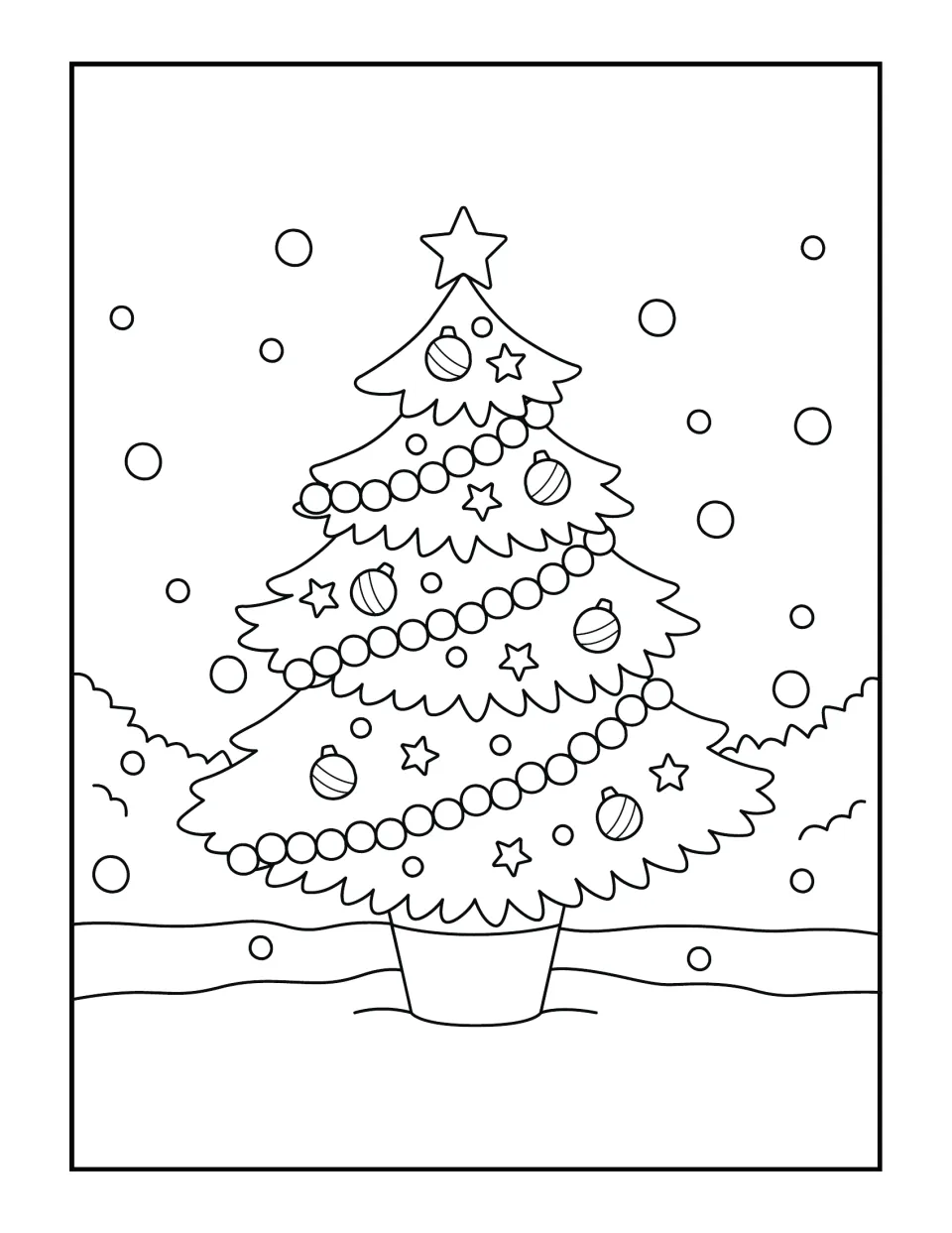 Christmas tree coloring scene: students color a potted tree with a star, bead garland, ornaments and falling snow