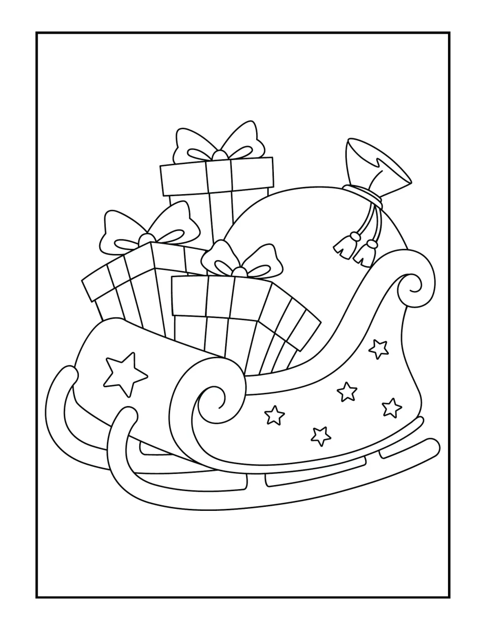 Santa's sleigh coloring scene: students color a star-dotted sleigh loaded with three wrapped gifts and a tied toy sack