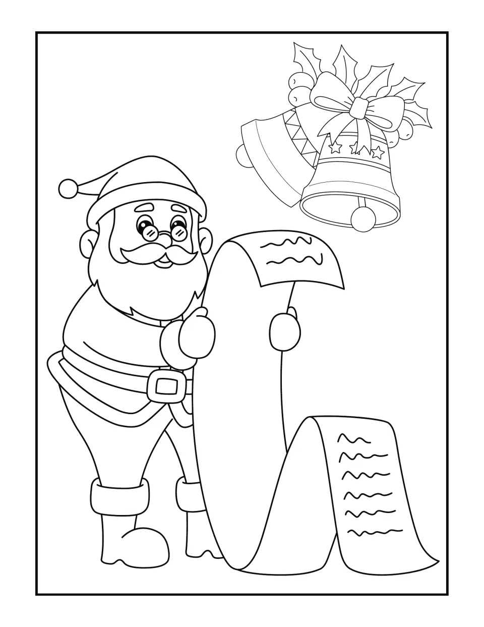 Santa coloring scene: students color Santa in glasses reading a long unrolled list, with two bells and holly above