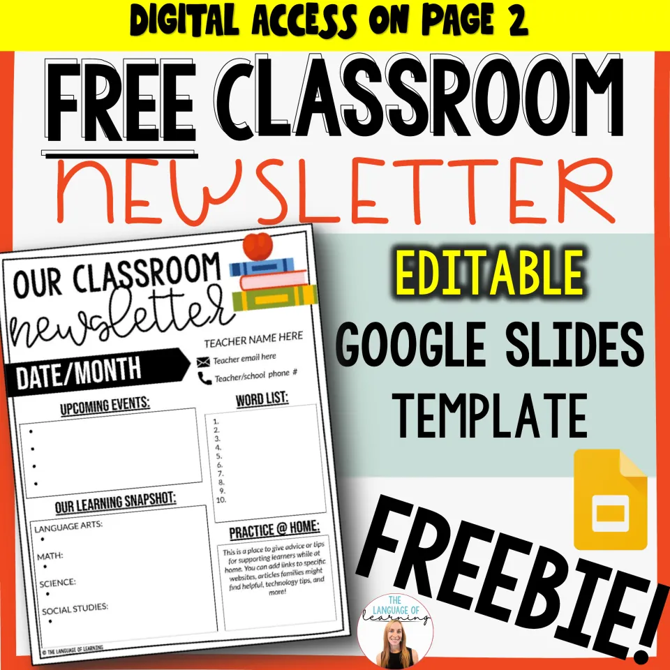 Cover of the editable Google Slides newsletter, showing upcoming events, a word list, and practice at home.