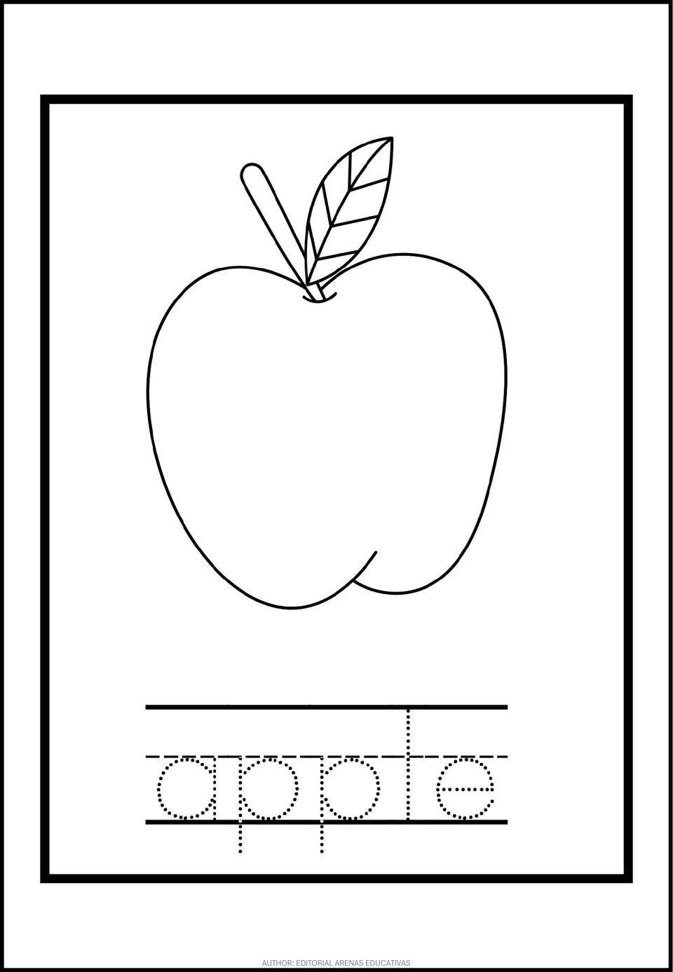 Apple vocabulary: students color the apple with its stem and leaf, then trace the dotted word apple beneath it