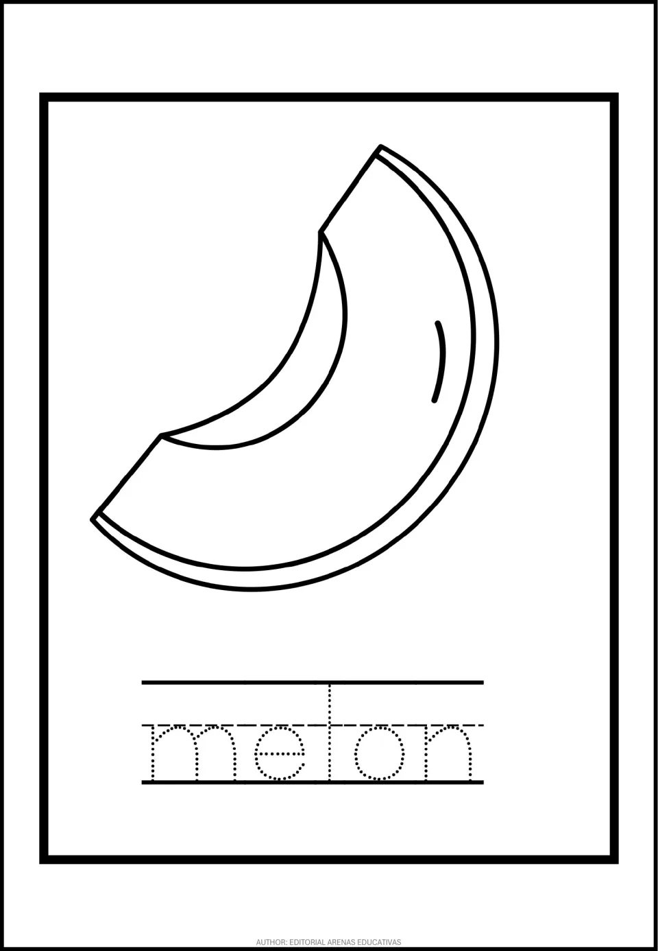 Melon vocabulary: students color the curved melon slice, then trace the dotted word melon on the writing lines