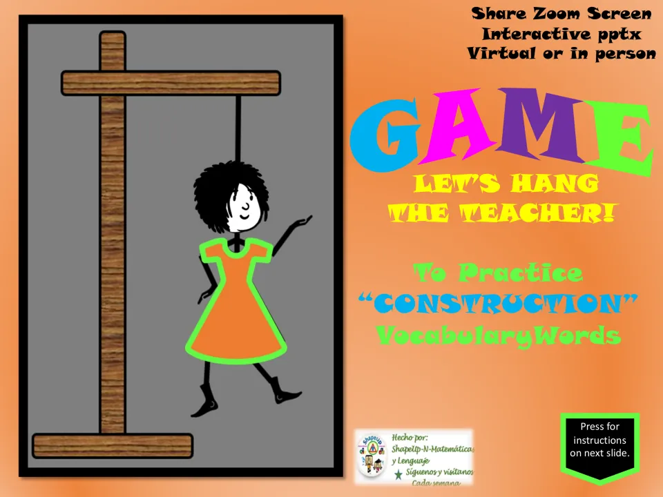 Construction vocabulary hangman cover introduces an interactive PowerPoint game for virtual or in-person use