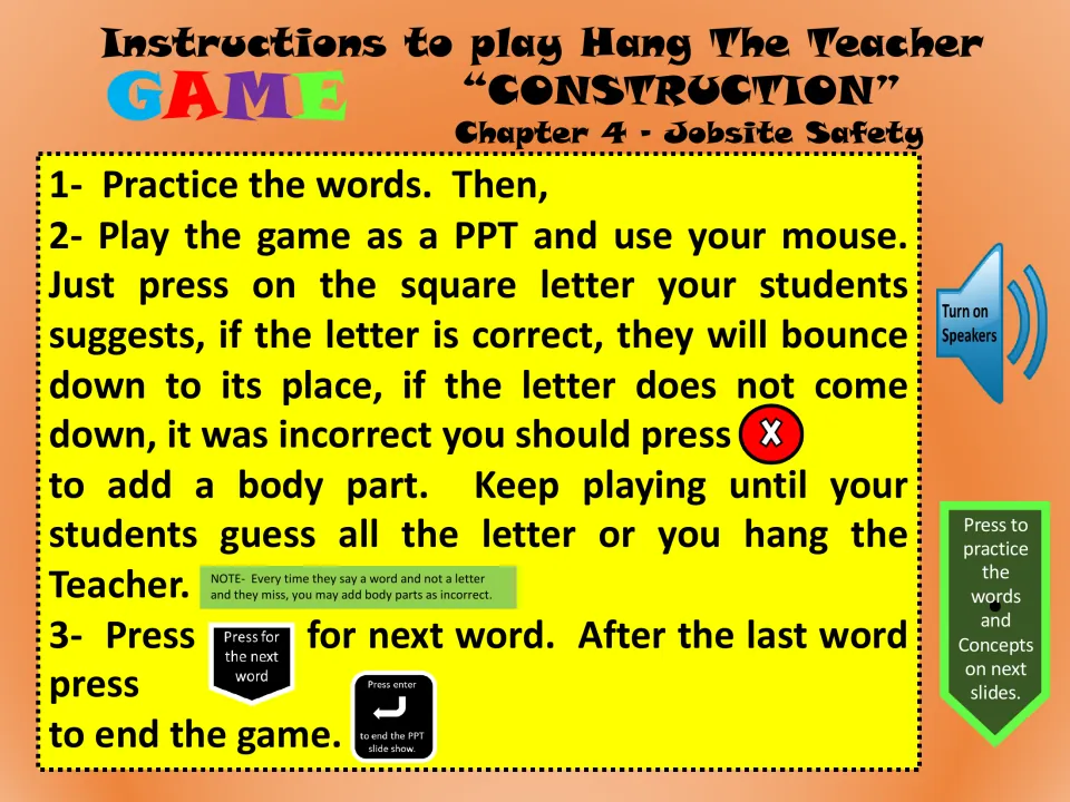 Hangman instructions explain practicing words, clicking letters, adding body parts, and moving to the next word