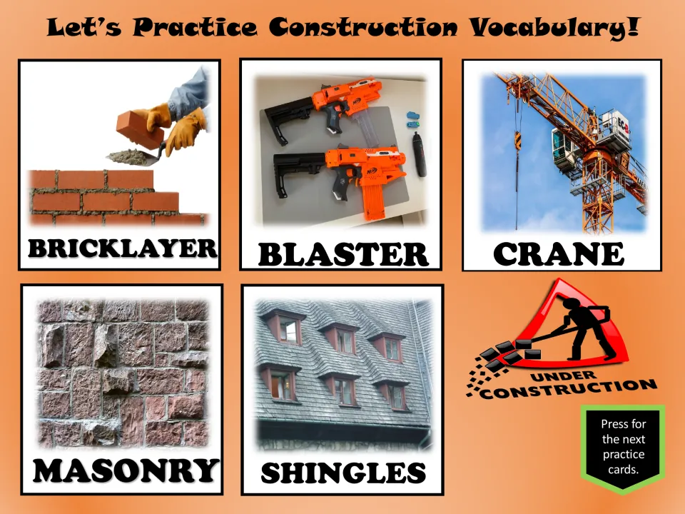 Construction vocabulary practice cards 1–5 show bricklayer, blaster, crane, masonry, and shingles with pictures