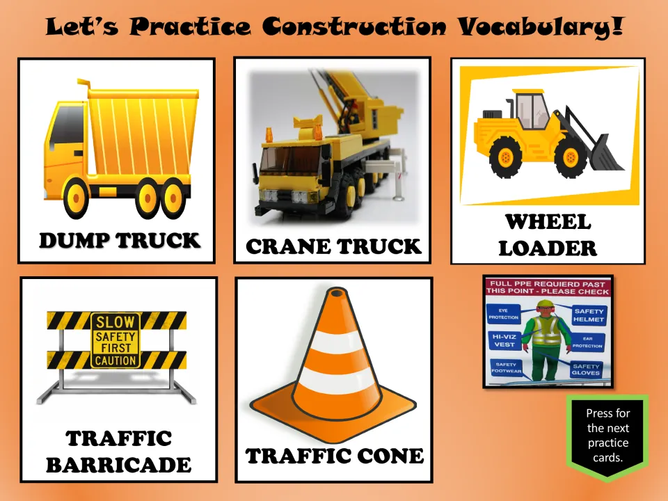 Construction practice cards 6–10: dump truck, crane truck, wheel loader, traffic barricade, and traffic cone