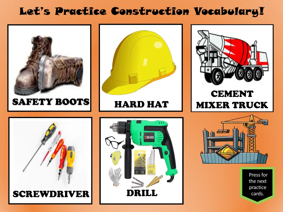 Construction practice cards 11–15: safety boots, hard hat, cement mixer truck, screwdriver, and drill