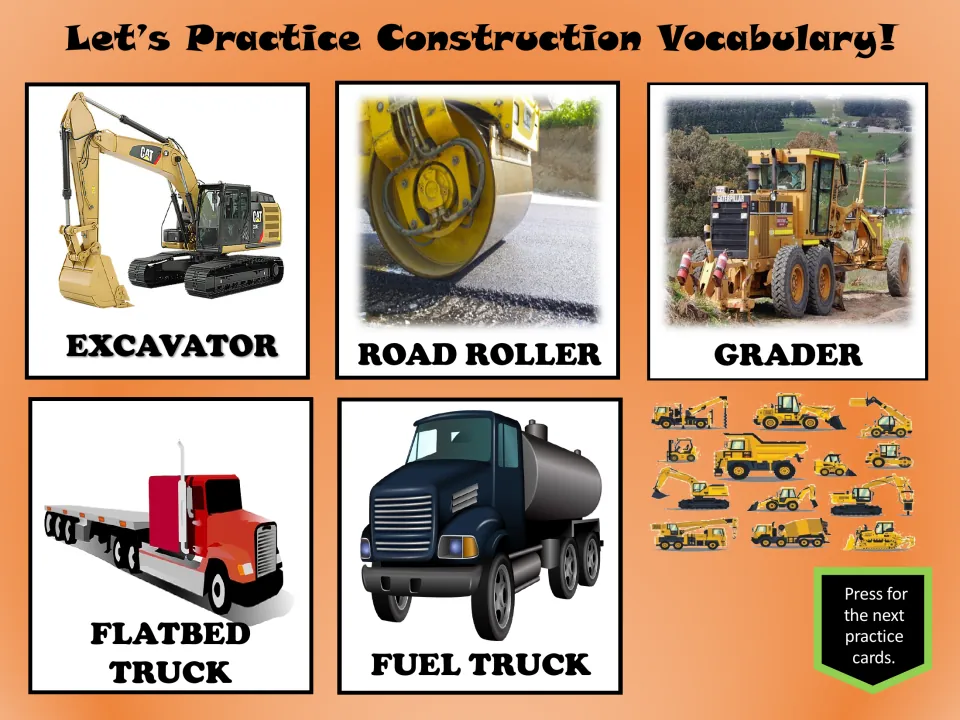 Construction practice cards 16–20 show an excavator, road roller, grader, flatbed truck, and fuel truck
