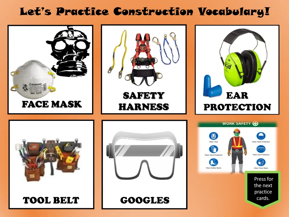Construction cards 21–25: face mask, safety harness, ear protection, tool belt, and goggles labeled “GOOGLES”