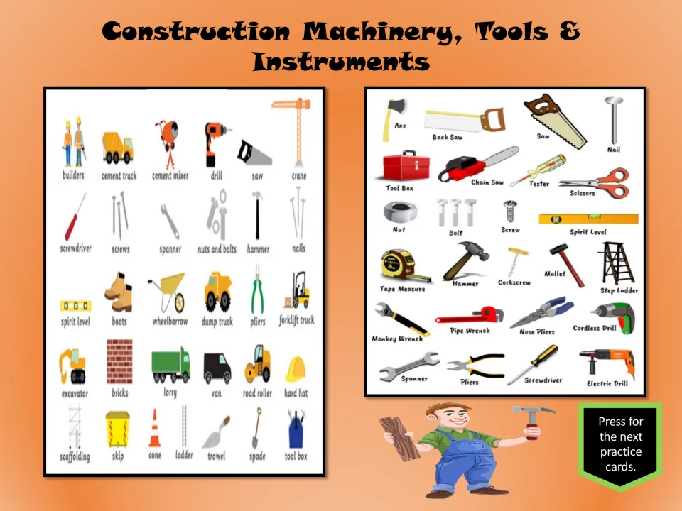 Construction vocabulary reference charts show machinery and tools, including a drill, saw, hammer, and pliers