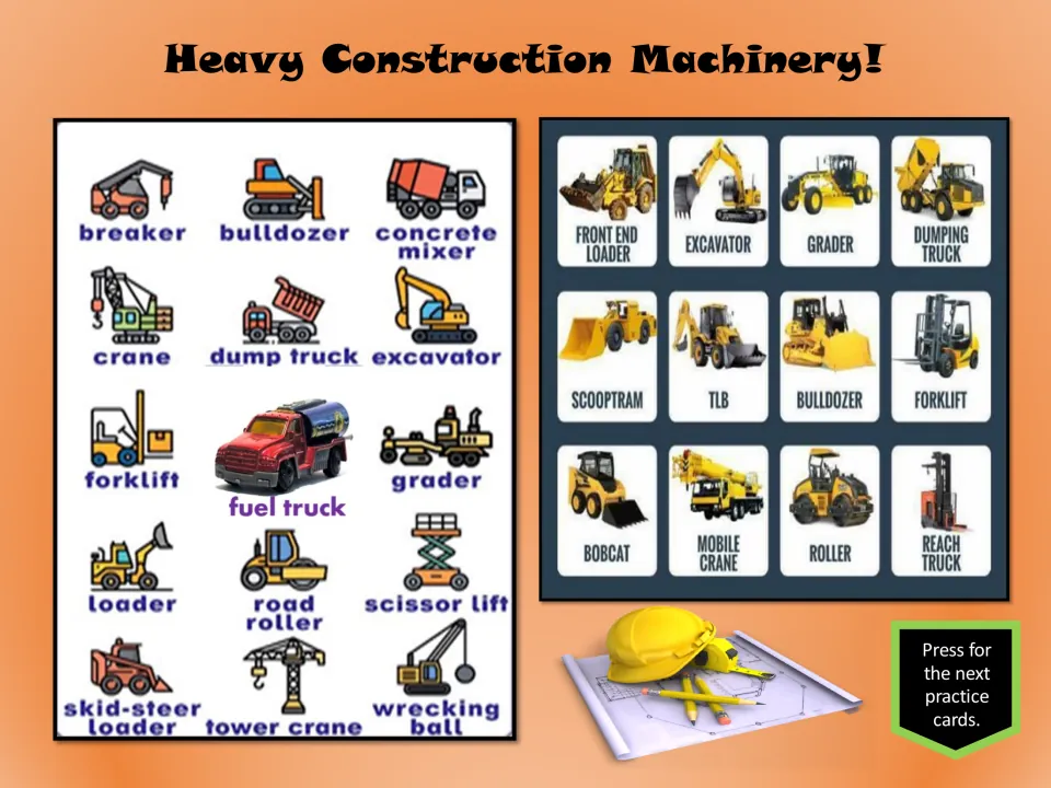Heavy construction machinery vocabulary charts show labeled vehicles, including a bulldozer, forklift, and crane