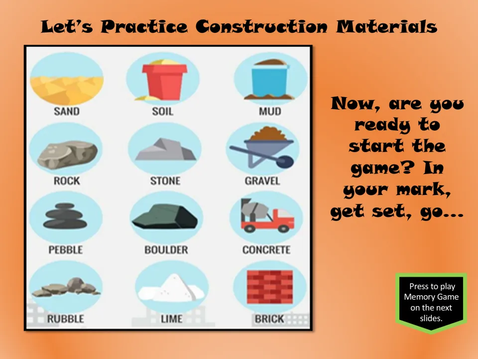 Construction materials practice chart labels sand, soil, mud, rock, stone, gravel, and six more materials