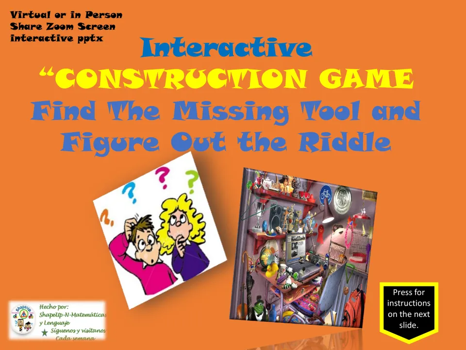 Construction game cover introducing an interactive search for missing tools and riddles, virtually or in person