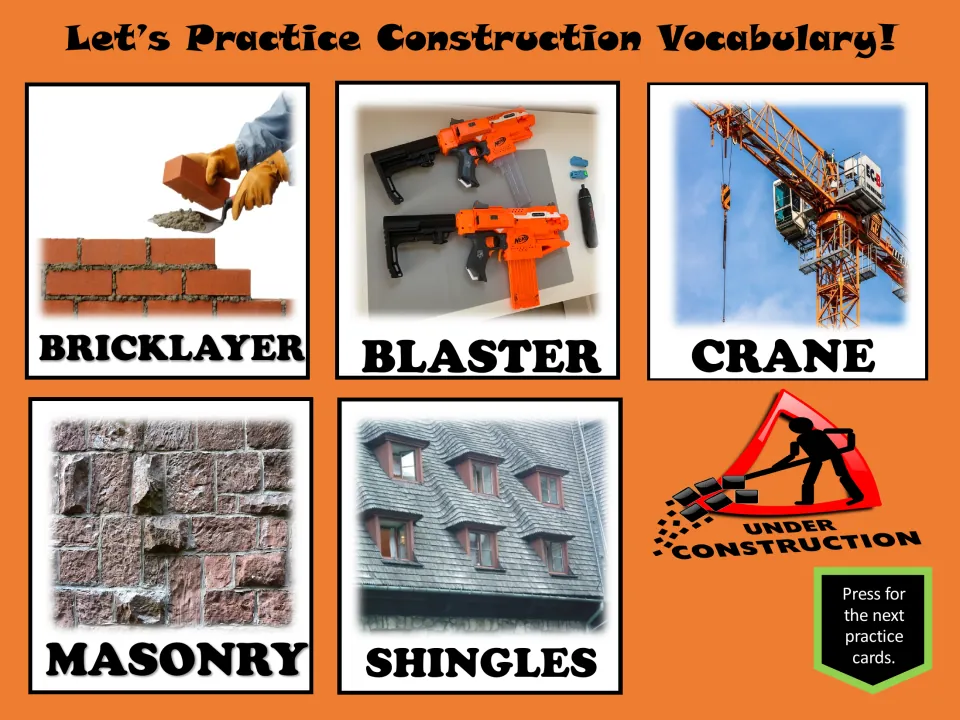 Construction vocabulary practice slide showing bricklayer, blaster, crane, masonry, and shingles with pictures