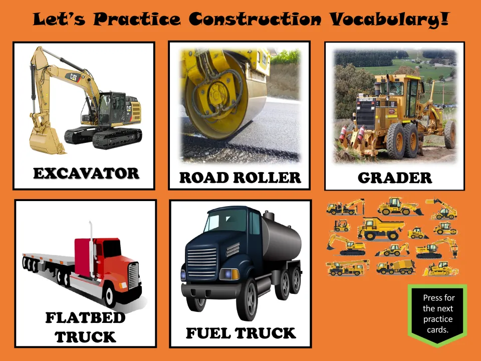 Construction vocabulary practice slide showing excavator, road roller, grader, flatbed truck, and fuel truck