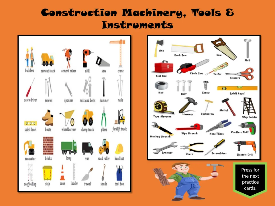 Construction vocabulary reference slide with labeled machinery and tools, including saws, hammers, and pliers