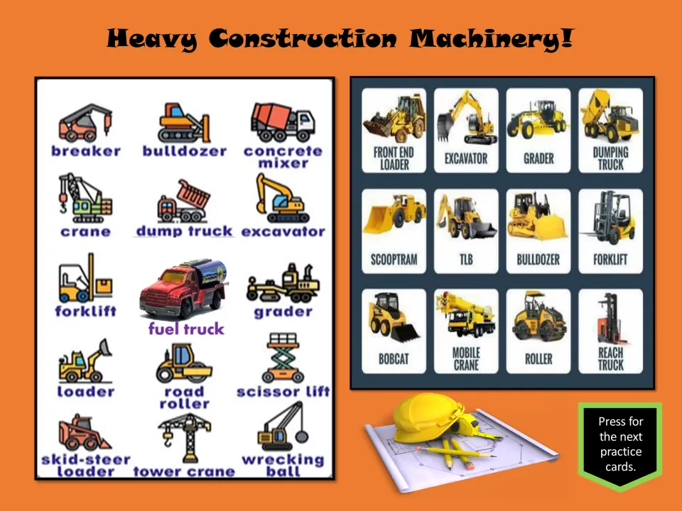 Heavy construction machinery reference slide with labeled bulldozers, excavators, cranes, forklifts, and more