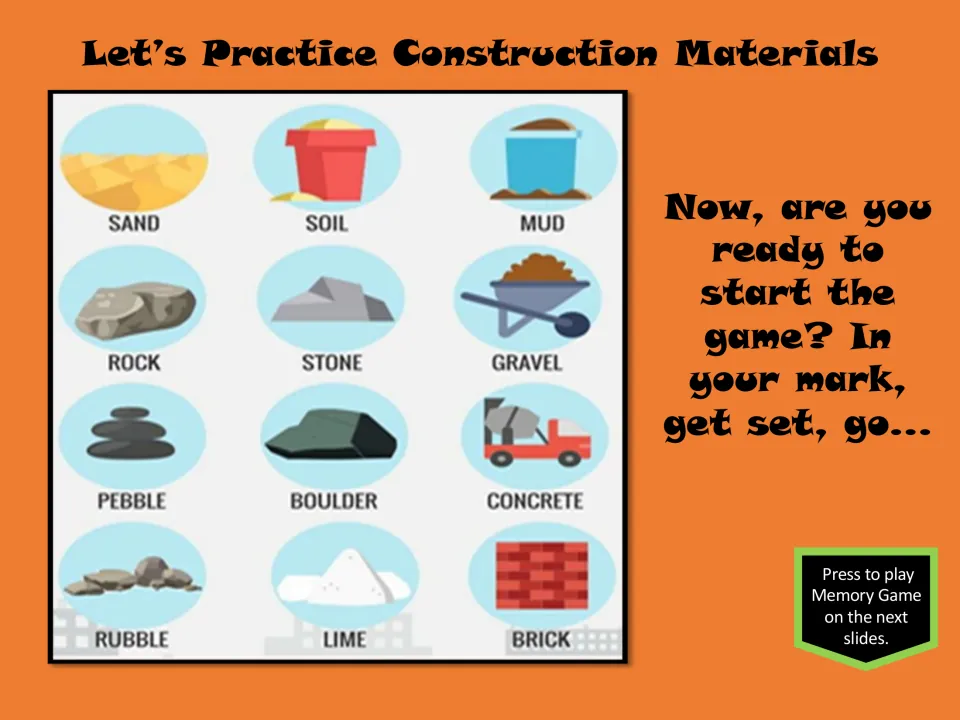 Construction materials reference slide showing 12 labeled materials, including sand, soil, mud, and gravel
