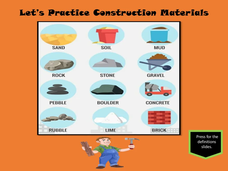 Construction materials practice names sand, soil, mud, rock, stone, gravel, and six more pictured items