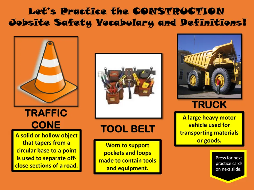 Construction definition practice explains traffic cone, tool belt, and truck with matching pictures