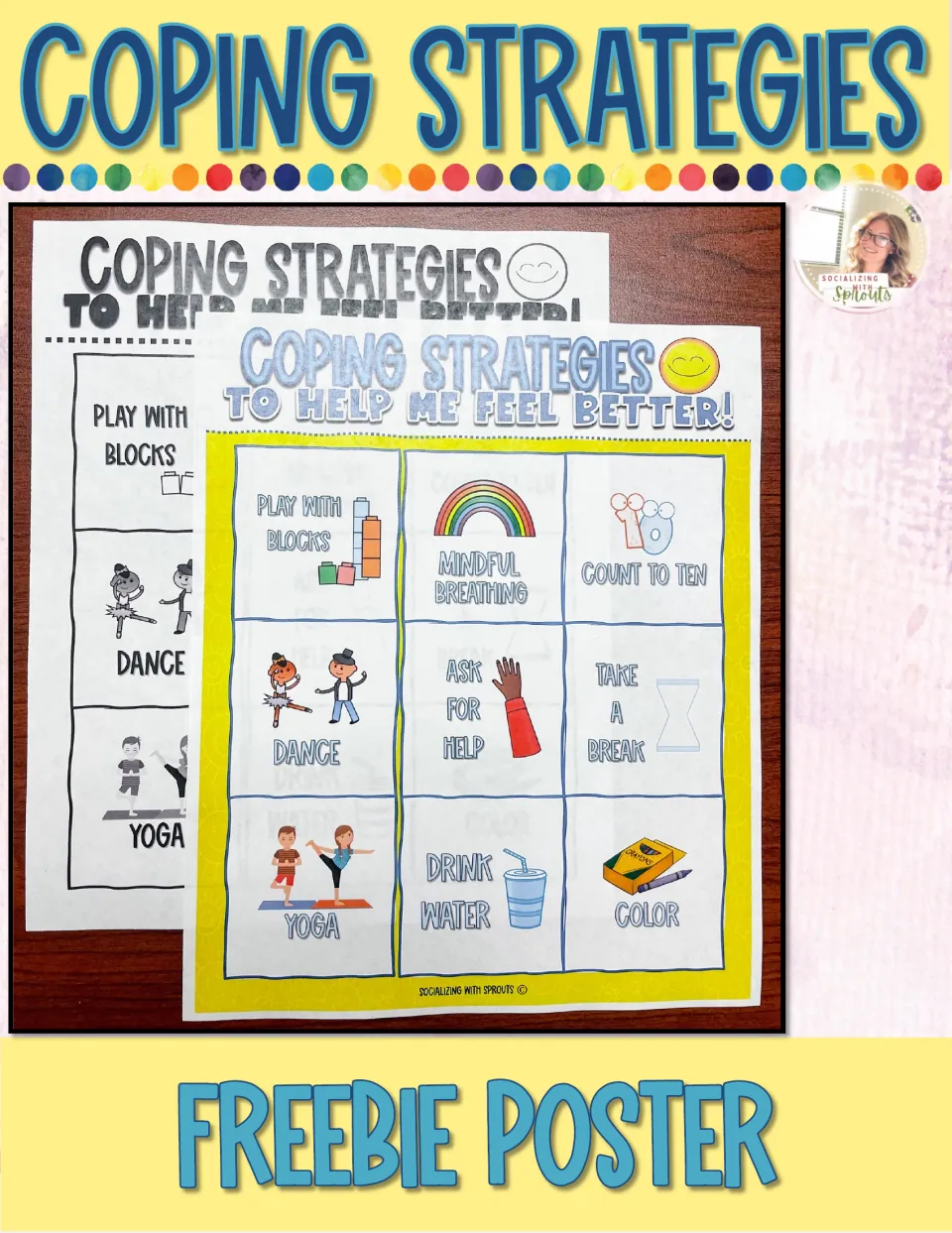 Coping strategies freebie poster cover showing colour and black-and-white versions with nine calming ideas like yoga