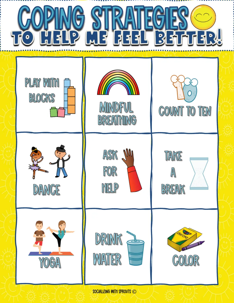 Coping strategies colour poster, To Help Me Feel Better: nine picture cards incl. mindful breathing, counting, a break