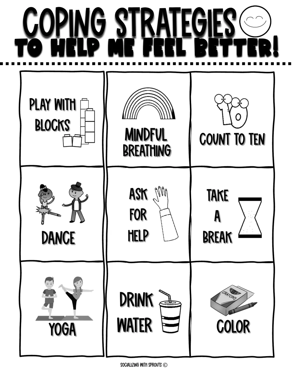 Black-and-white coping strategies poster: play with blocks, dance, yoga, ask for help, drink water and colour, for printing