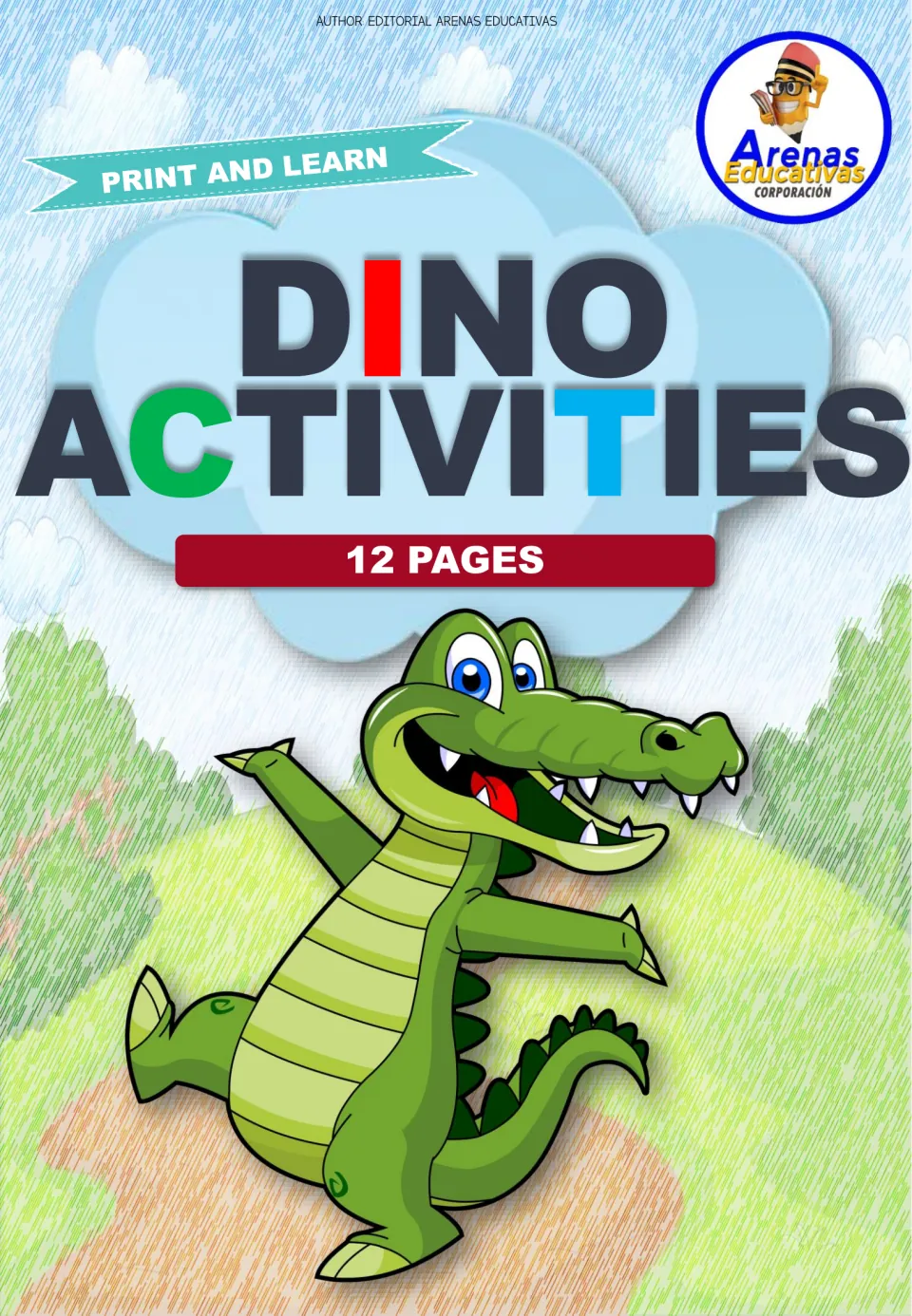 Cover of the dinosaur activity minibook labeled 'Dino Activities,' 'Print and Learn,' and '12 Pages'