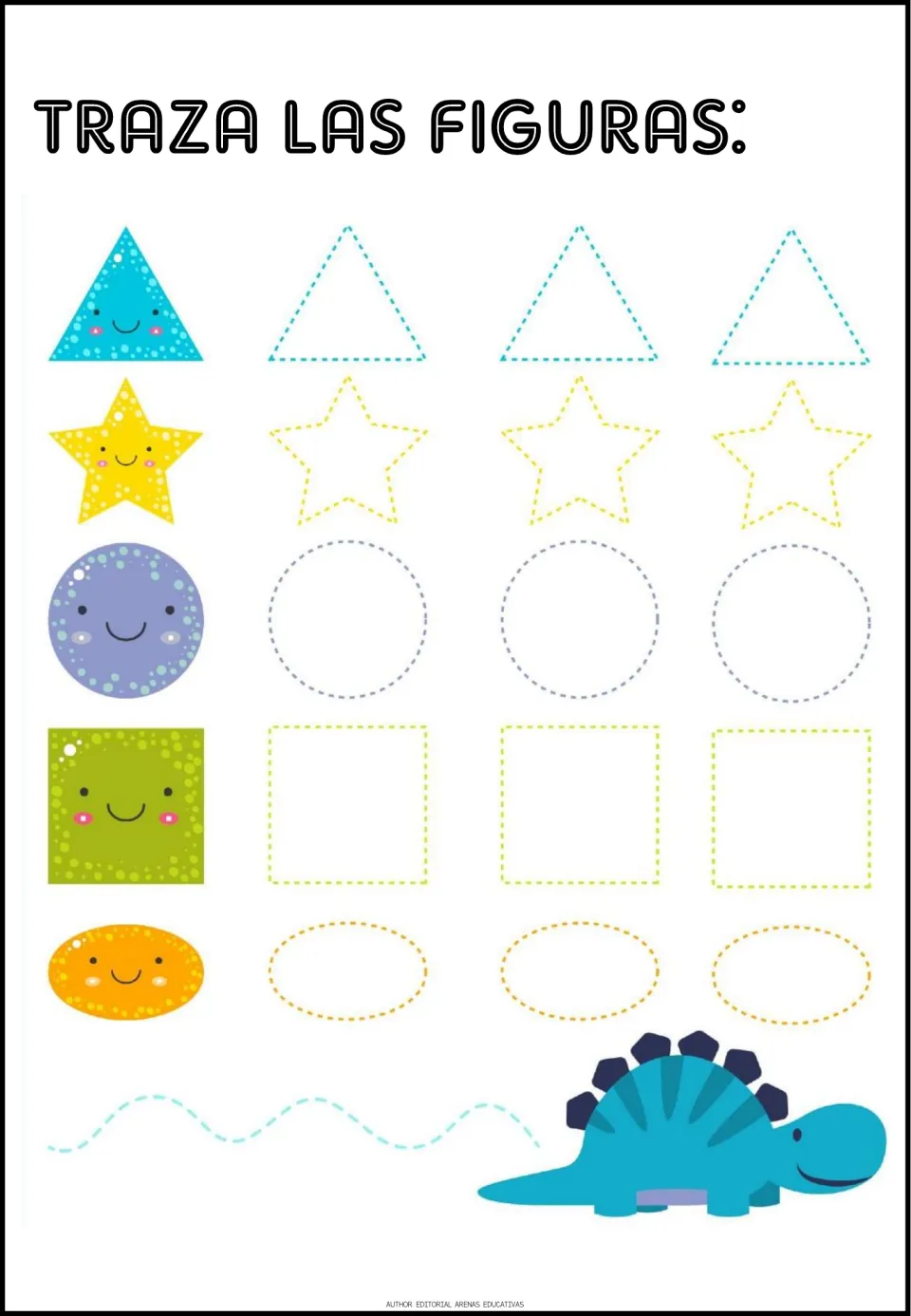 Shape tracing activity: 'Traza las figuras' (trace the shapes), with triangles, stars, circles, squares, and ovals