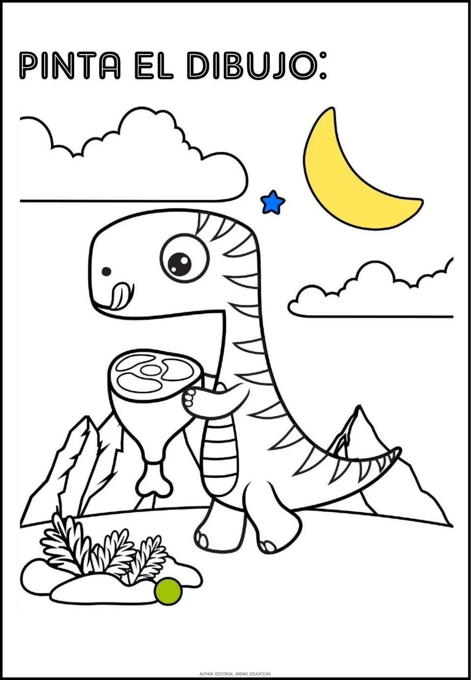 Dinosaur coloring activity: 'Pinta el dibujo' (color the picture), showing a dinosaur holding a piece of meat