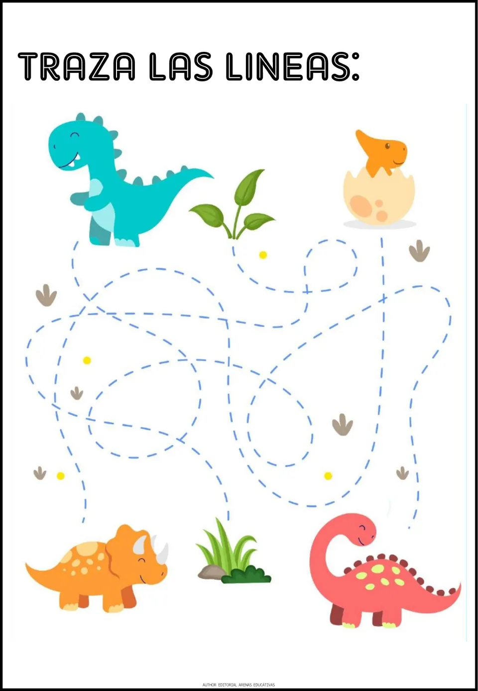 Dinosaur path tracing activity: 'Traza las lineas' (trace the lines), with winding paths between pictures