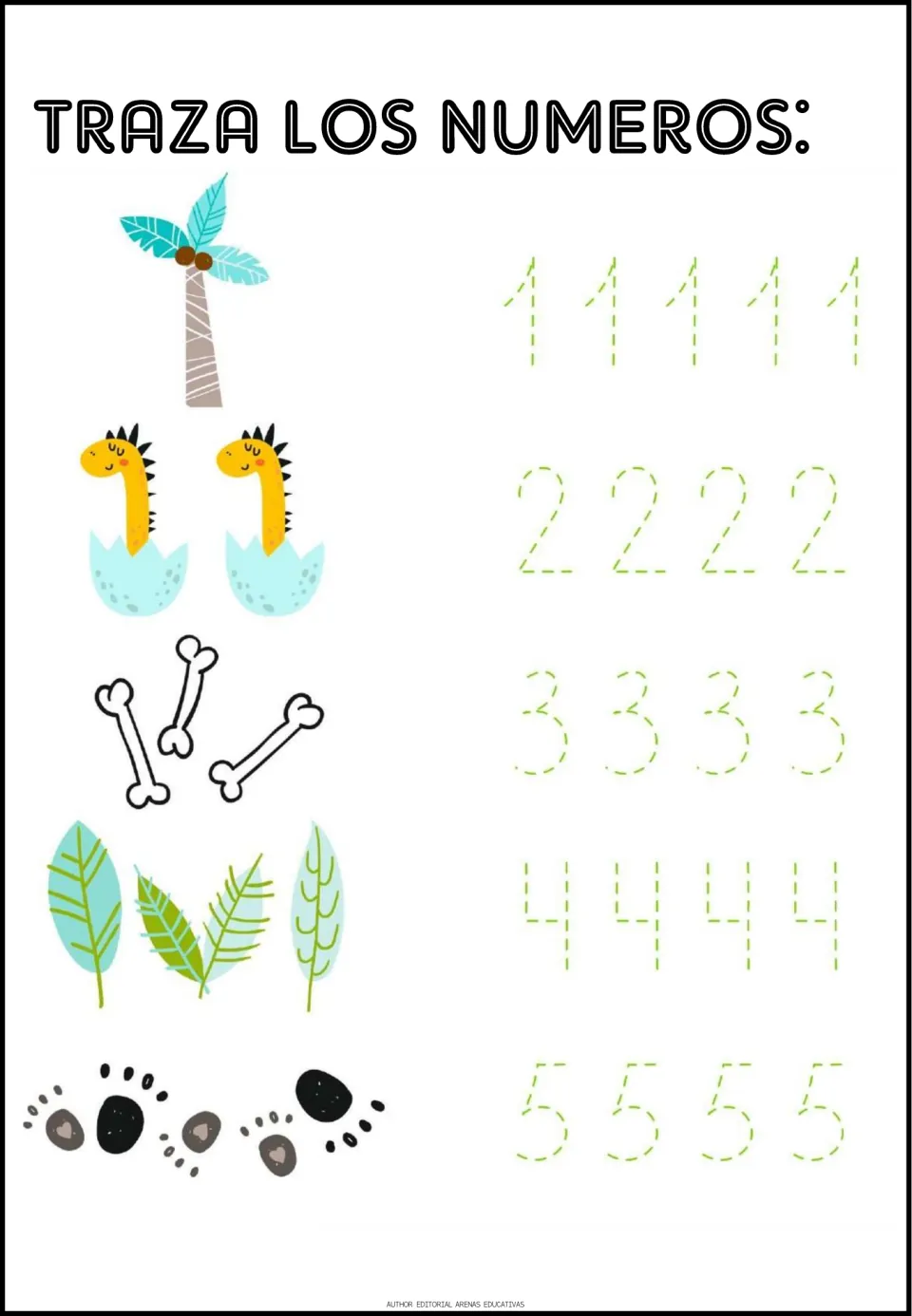Number tracing activity: 'Traza los numeros' (trace the numbers), pairing numerals 1–5 with picture groups