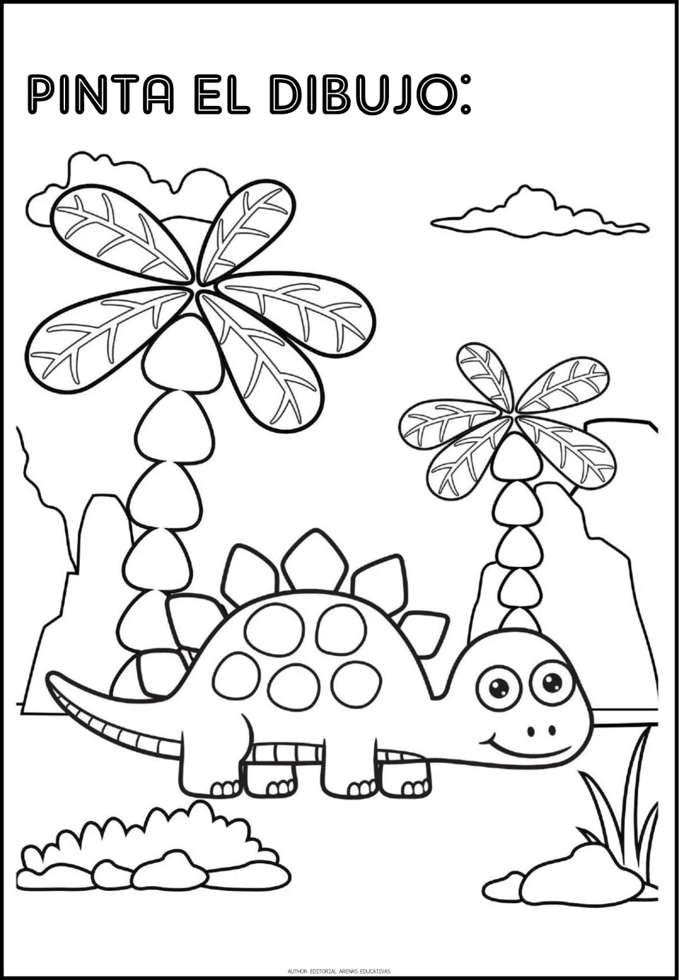 Dinosaur coloring activity: 'Pinta el dibujo' (color the picture), featuring a stegosaurus beneath palm trees