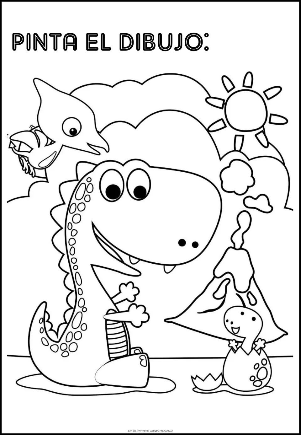 Dinosaur coloring activity featuring a large dinosaur, a hatchling, a flying reptile, and an erupting volcano