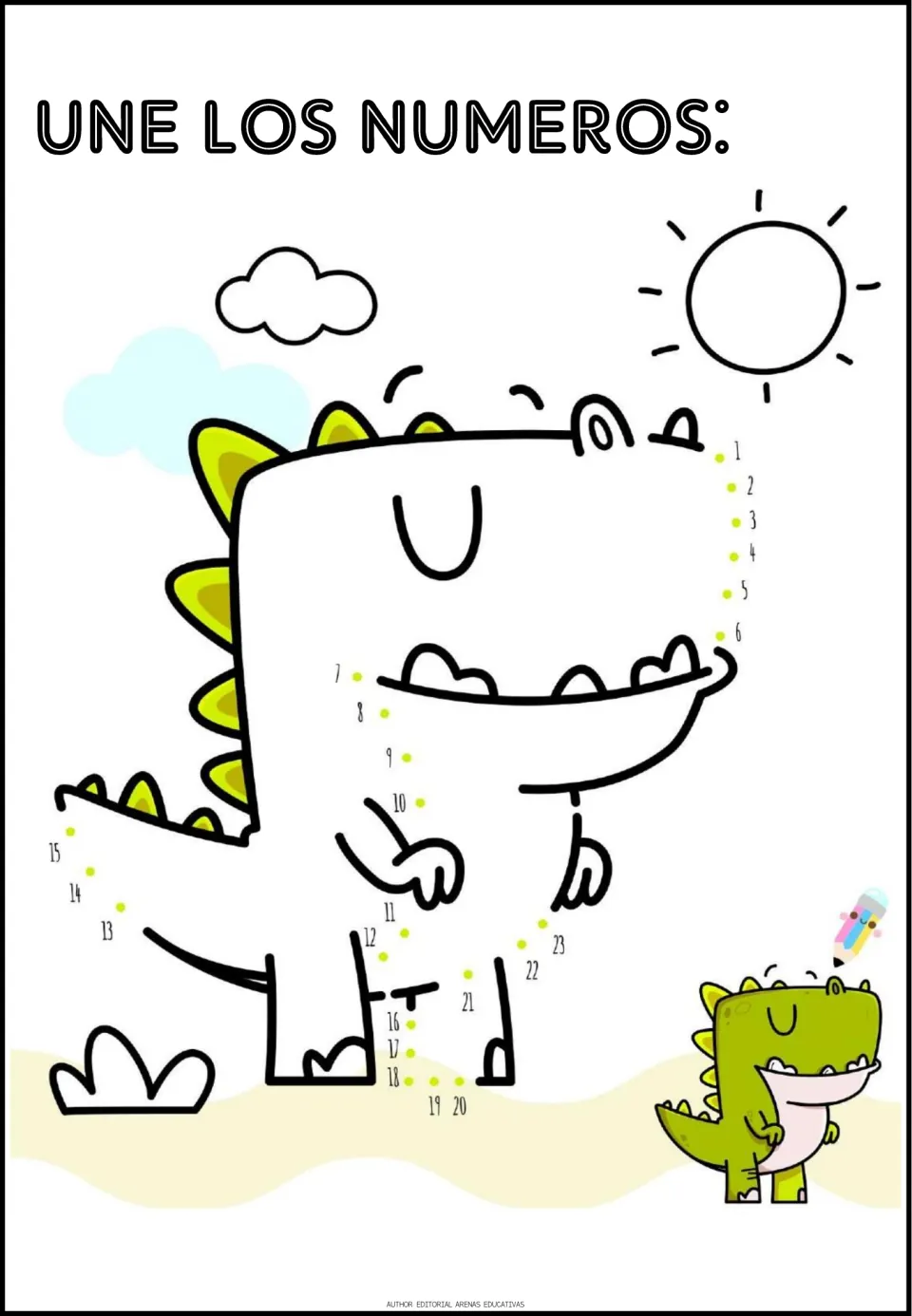Une los numeros: students connect dots numbered 1 to 23 in order to finish a big dino outline beside a sun and clouds