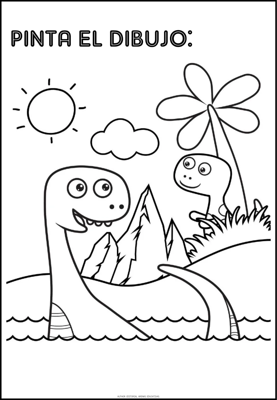 Dinosaur coloring activity showing a long-necked creature in water and another dinosaur beside a palm tree