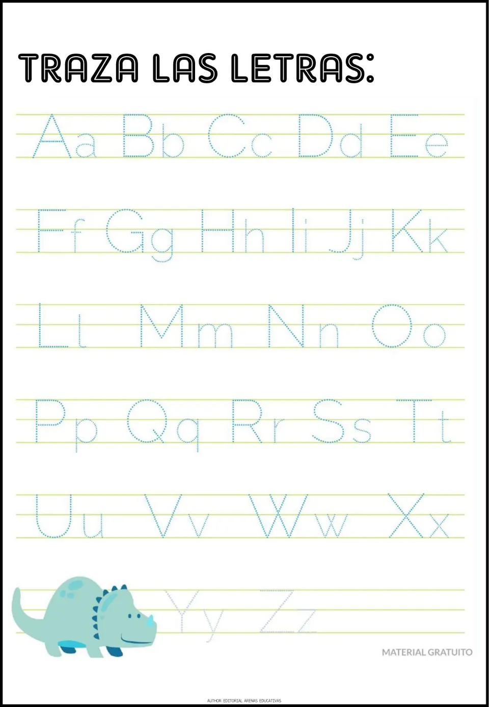 Alphabet tracing activity: 'Traza las letras' (trace the letters), with uppercase and lowercase pairs A–Z