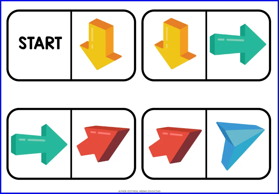 Arrow dominoes 1–4: START, yellow down arrows, green right arrows, red diagonal arrows and a blue arrow