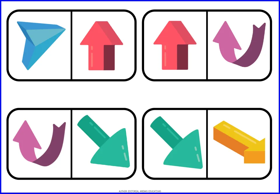 Arrow dominoes 5–8: a blue arrow, pink up arrows, purple curved arrows, green diagonals and a yellow arrow