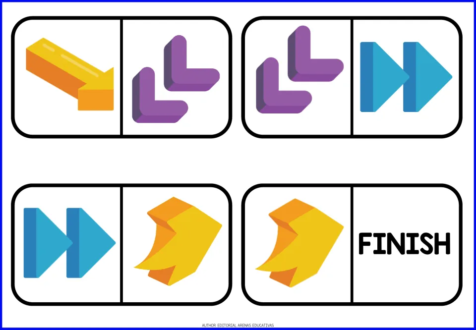 Arrow dominoes 9–12: a yellow diagonal arrow, purple bent pairs, blue double arrows, yellow curves and FINISH