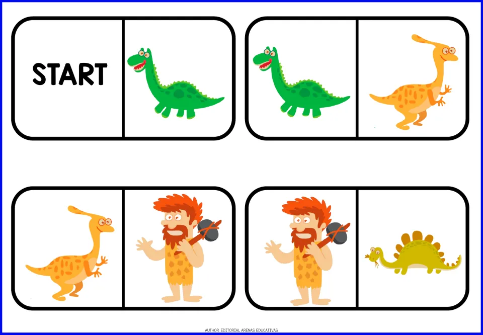 Domino pieces 1–4: START, green and orange dinosaurs, a caveman, and a stegosaurus form picture matches