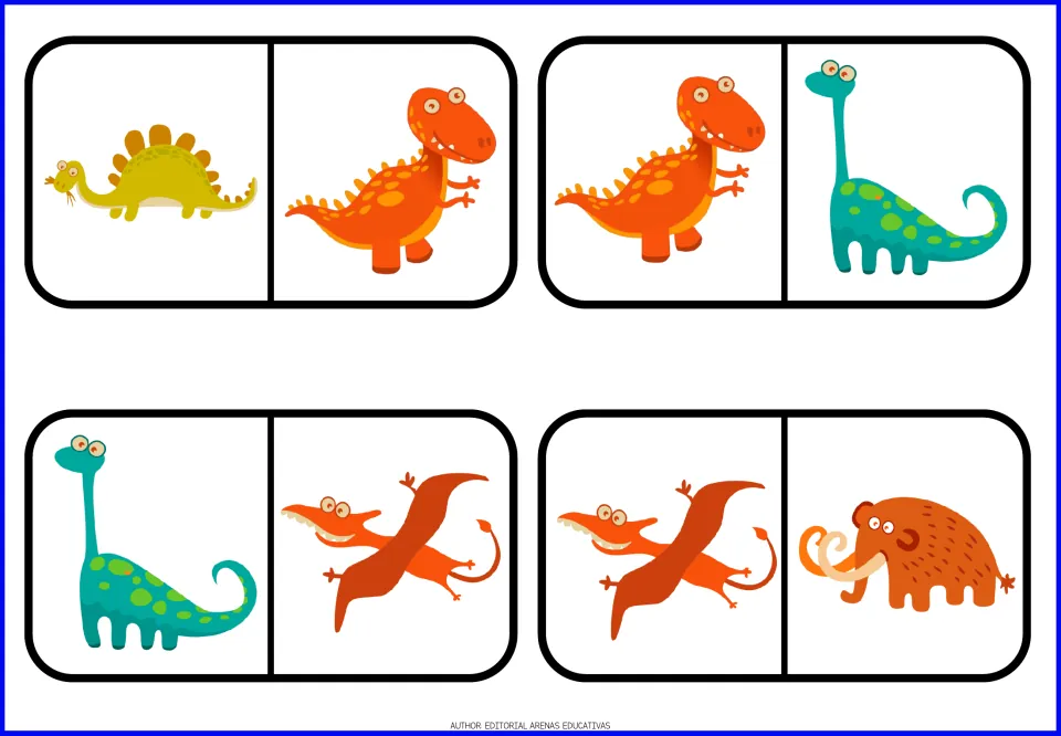 Domino pieces 5–8 connect a stegosaurus, orange dinosaur, teal long-necked dinosaur, pterosaur, and mammoth