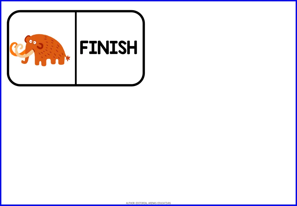Final domino piece in the nine-piece dinosaur-themed game pairs a mammoth picture with the word 'FINISH'