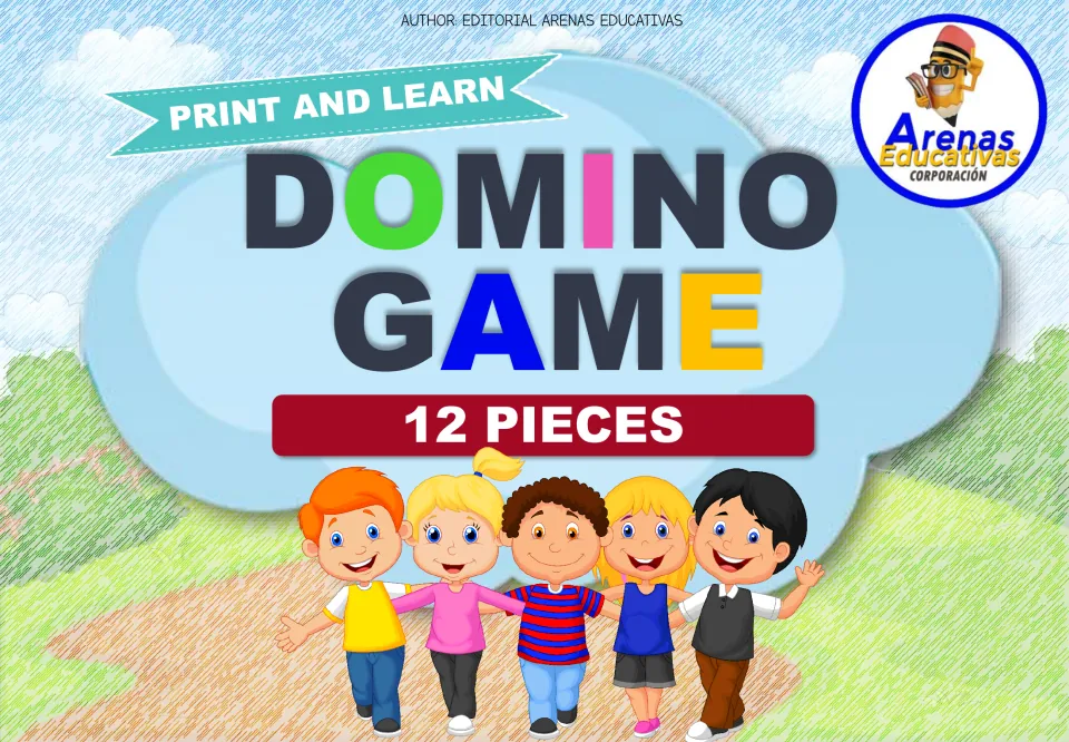 Domino game cover: Print and Learn, 12 pieces, by Arenas Educativas, with five cartoon children walking on a path