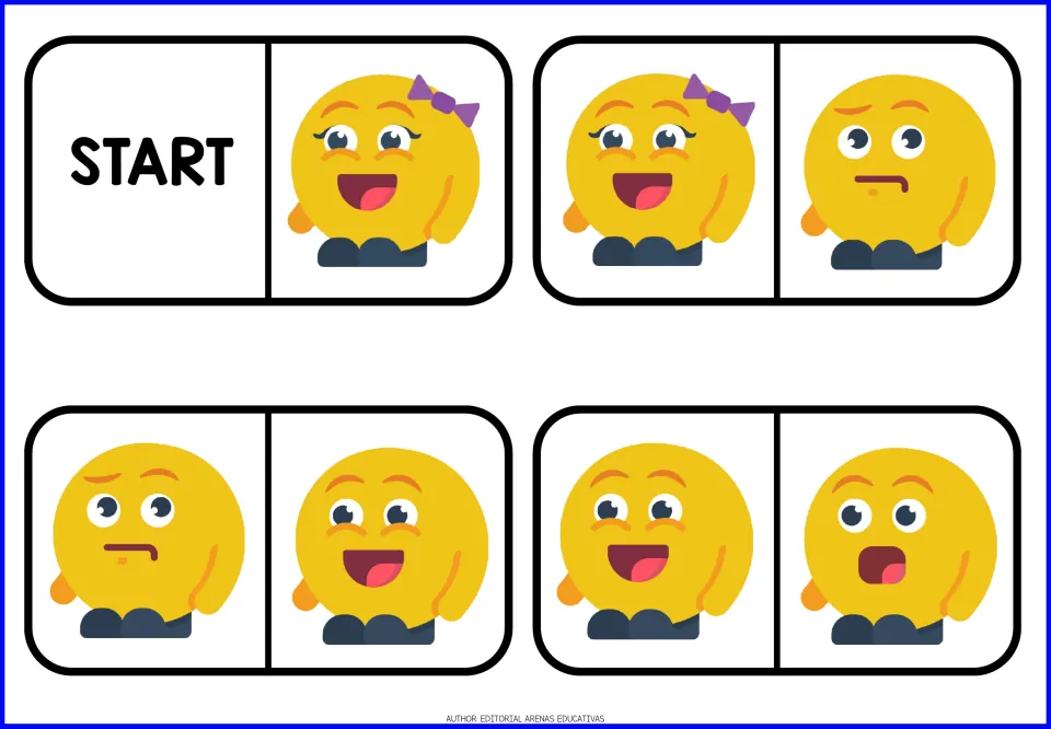 Emoji domino pieces 1-4: a START tile, then cut-out pieces for matching the bow-wearing girl, grin and doubtful faces