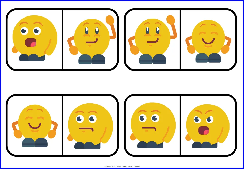 Emoji dominoes 5-8: cut-out pieces for matching surprised, waving, smiling-eyes-closed, doubtful and angry emoji faces